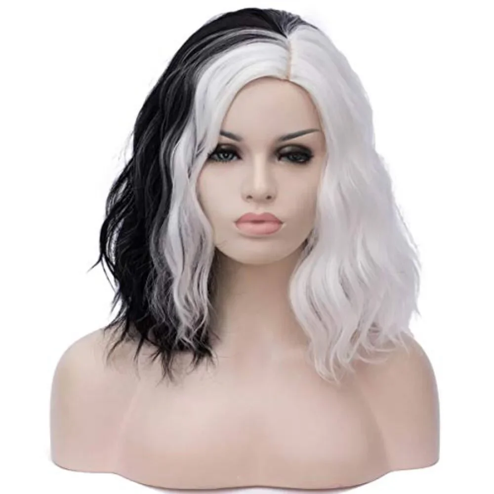 Black and White Cruella Deville Wig for Women Cruella Deville Costume Short Curl